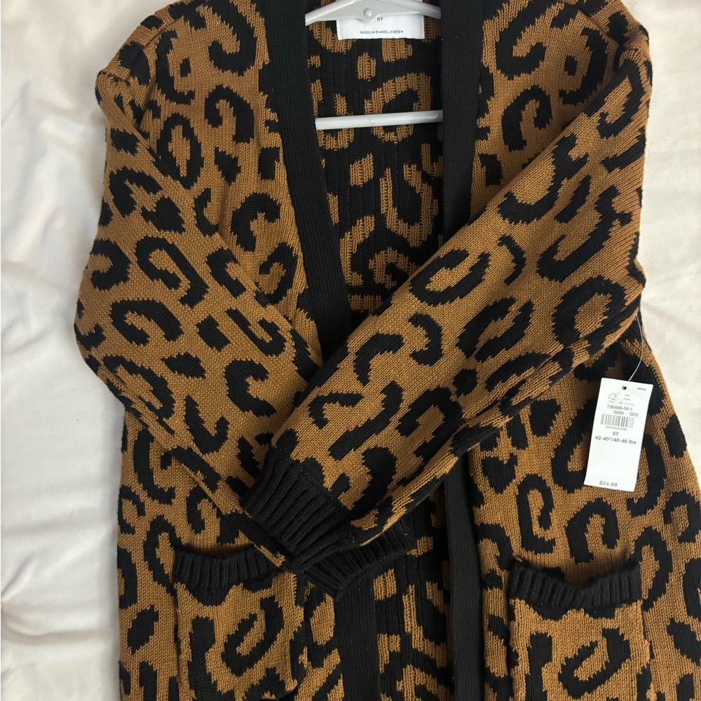 Brown and Black Cardigan Sweater with Animal Print